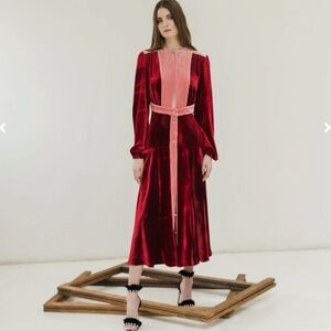 RAQUEL DINIZ EVA RUBY ROSE QUARTZ VELVET LONG SLEEVE CUTOUT A LINE MIDI DRESS